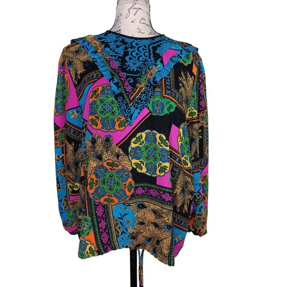 Vintage Diane Freis Large Georgette Blouse, Ruffle, Peacock Paisley Bright - Picture 1 of 6